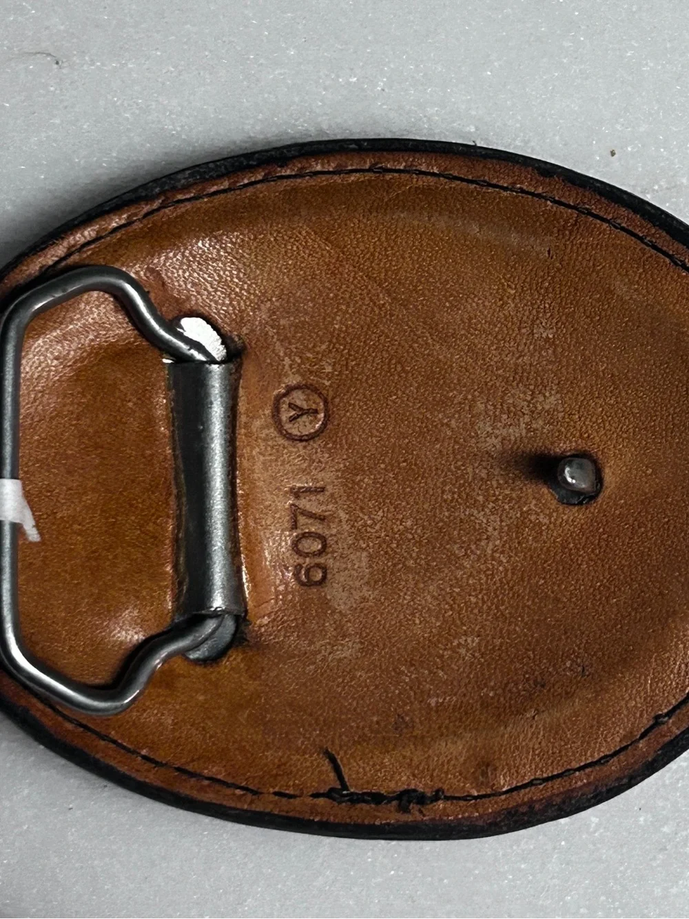 Vintage ~Hand-Tooled Brown Floral Leather Backstitching Belt Buckle W/Red Inlay